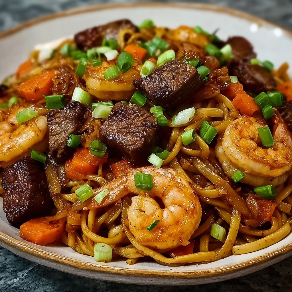 steak shrimp noodles: a savory quick dinner recipe! Recipe - Recipe Image
