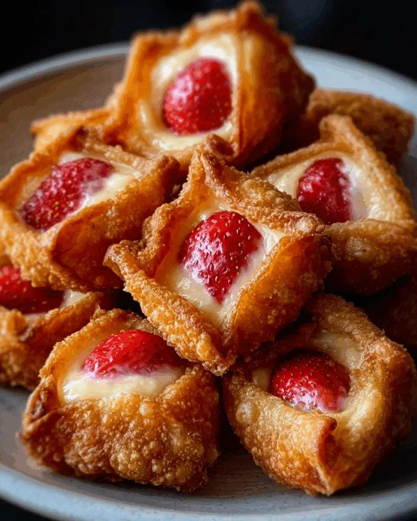 Deep-fried strawberry cheesecake stuffed wonton bites Recipe