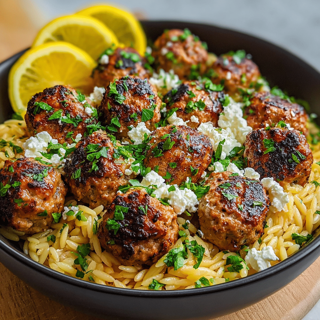 Greek Chicken Meatballs with Lemon Orzo Recipe - Recipe Image