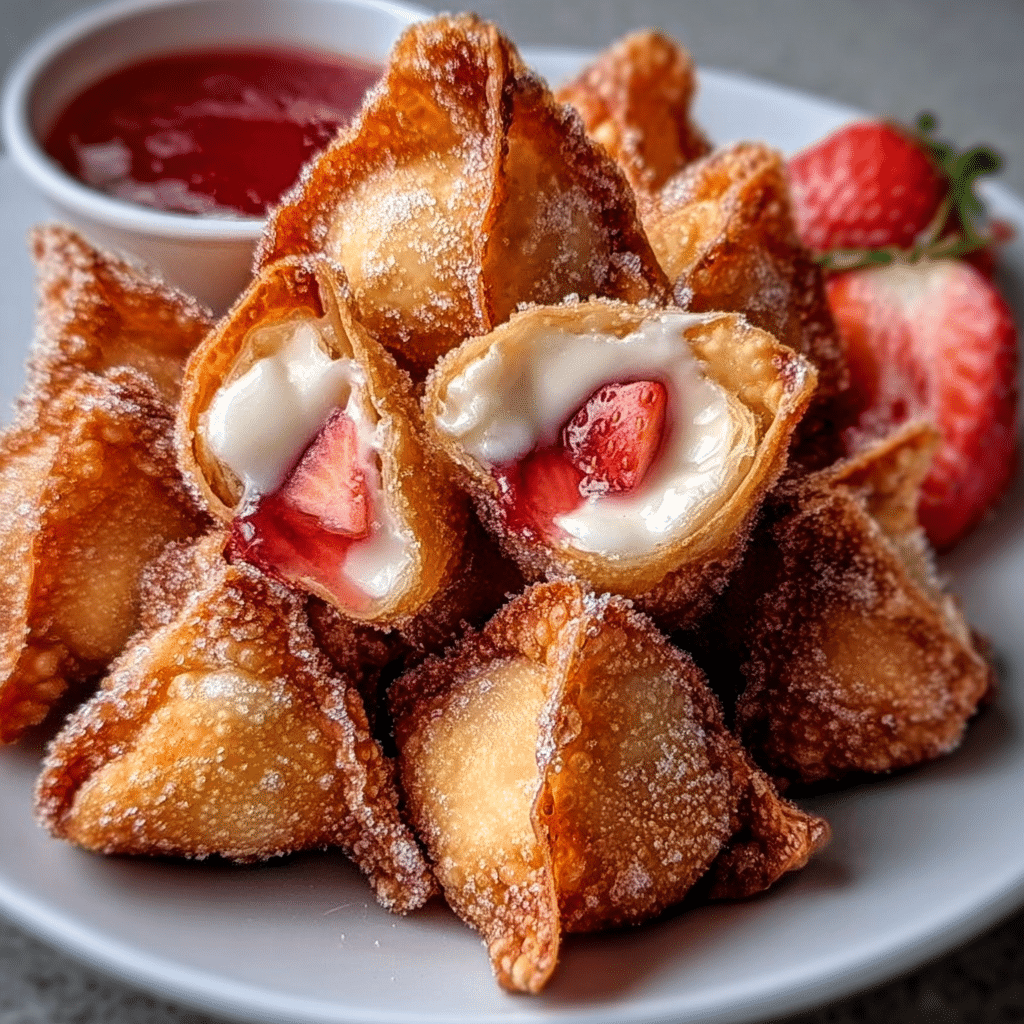 Deep-fried strawberry cheesecake stuffed wonton bites Recipe - Recipe Image