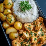 Creamy Paprika Chicken with Herb Potatoes and Fluffy Rice Recipe
