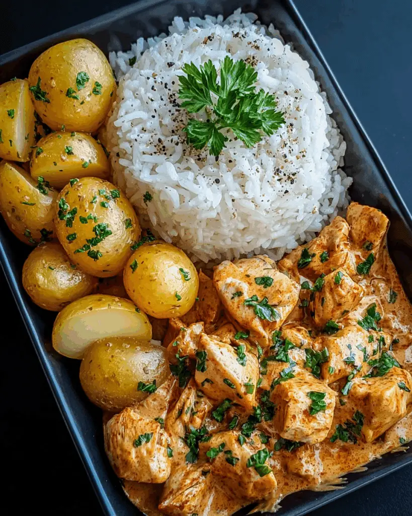 Creamy Paprika Chicken with Herb Potatoes and Fluffy Rice Recipe