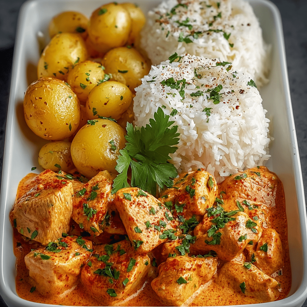 Creamy Paprika Chicken with Herb Potatoes and Fluffy Rice Recipe - Recipe Image