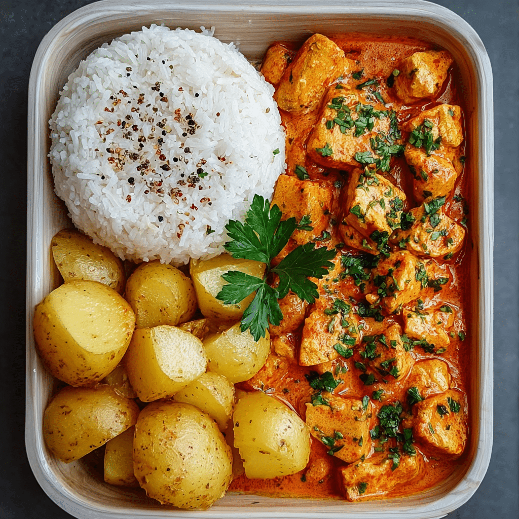 Creamy Paprika Chicken with Herb Potatoes and Fluffy Rice Recipe - Recipe Image