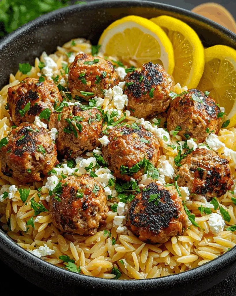 One-Pan Greek Chicken Meatballs and Lemon Orzo Recipe