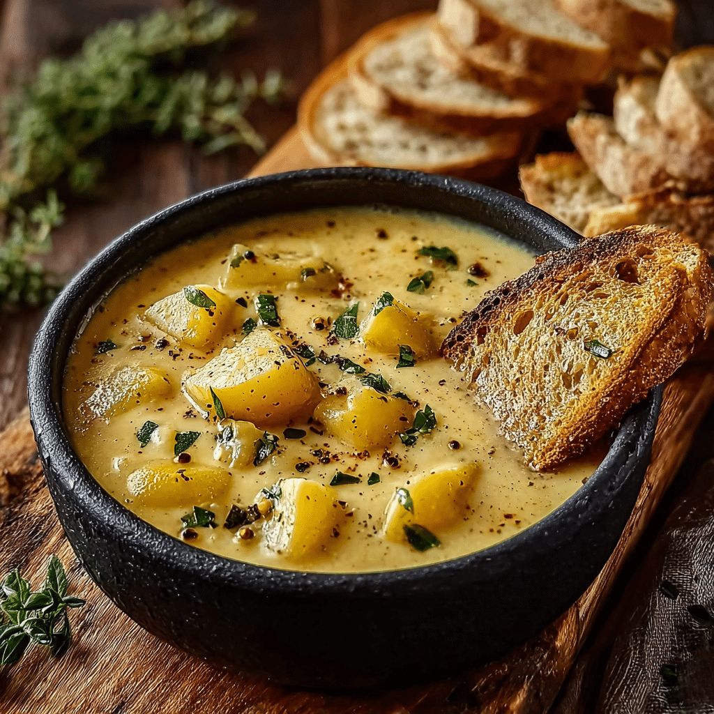 Hearty Cheddar Garlic Herb Potato Soup Recipe - Recipe Image