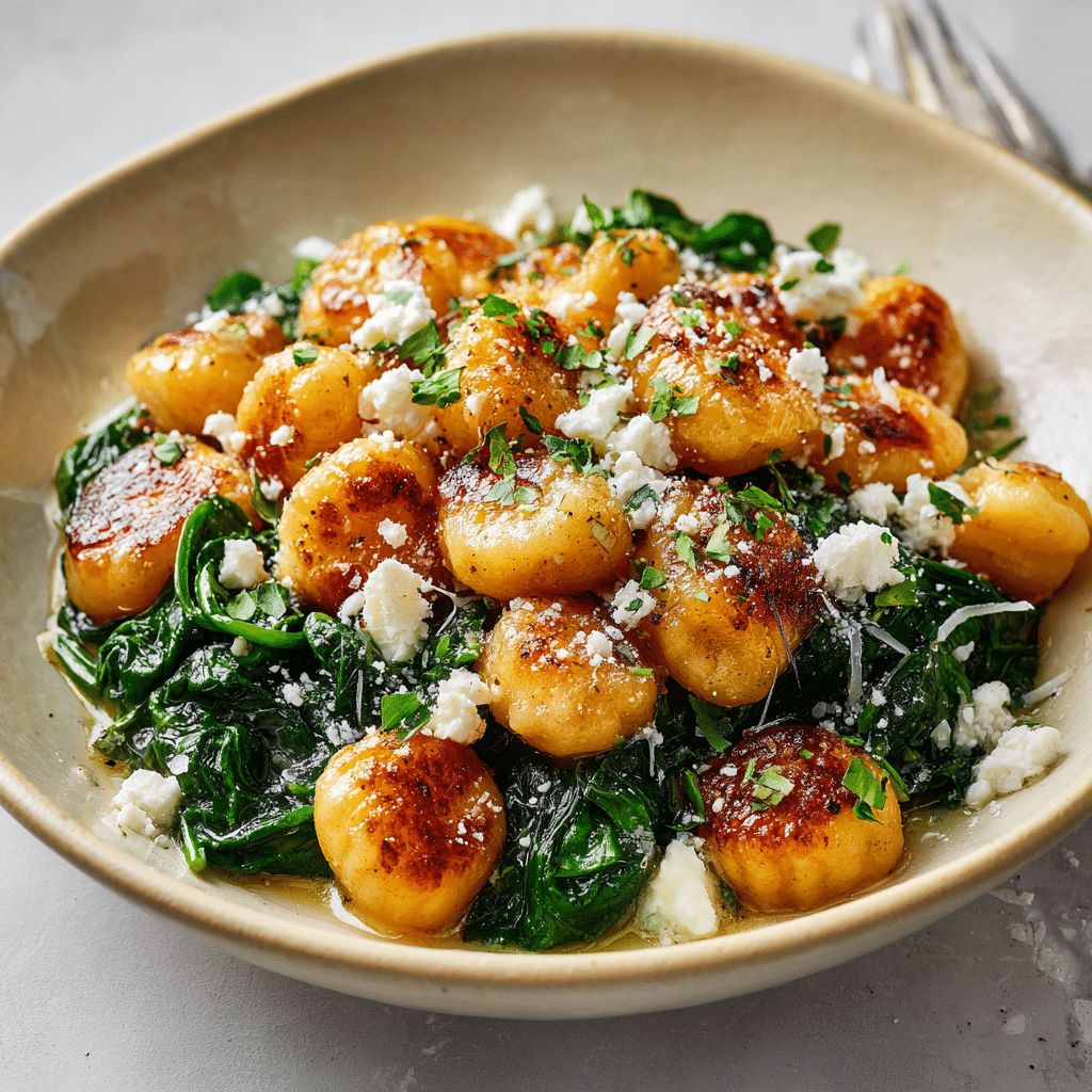 Crispy Gnocchi With Spinach And Feta Recipe - Recipe Image