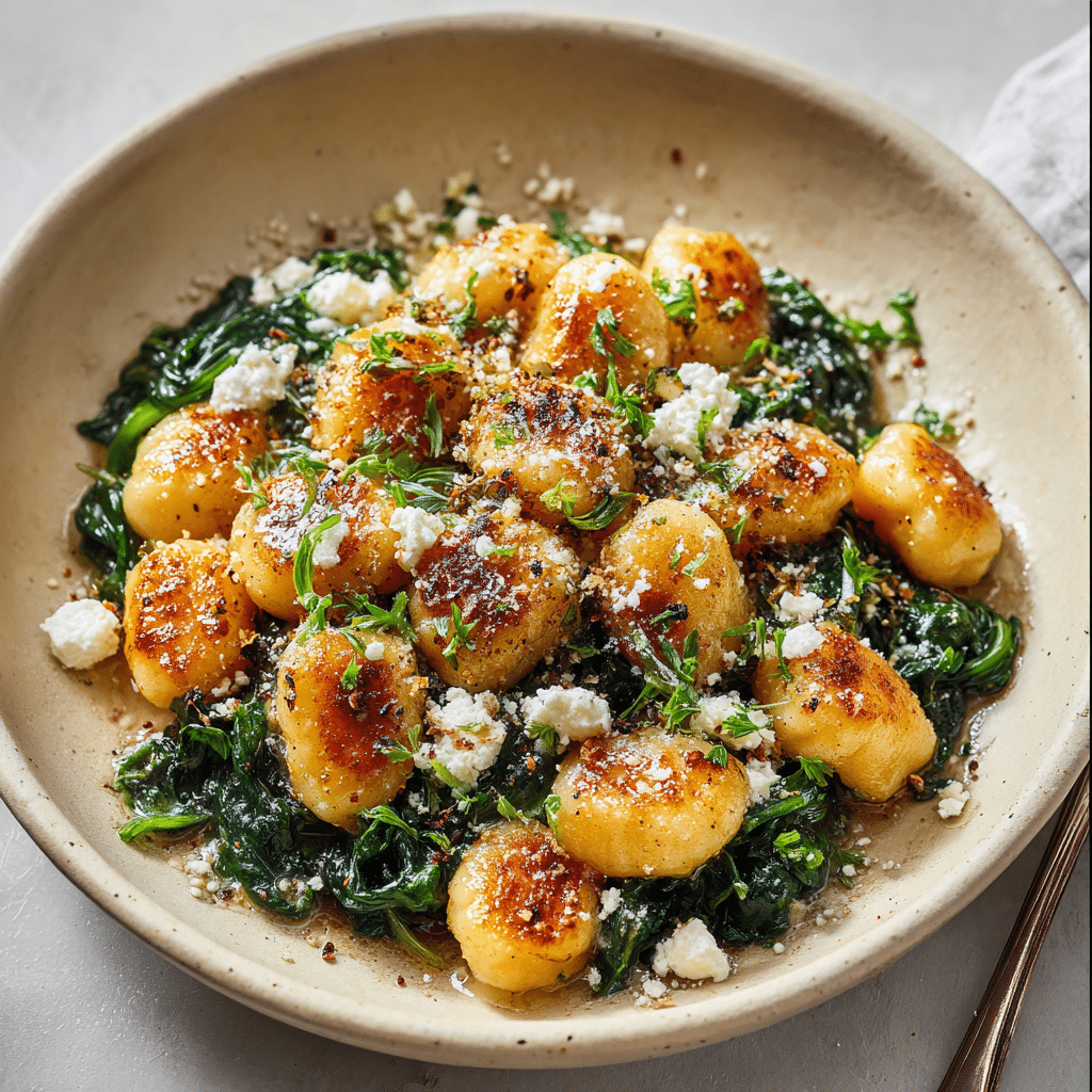 Crispy Gnocchi With Spinach And Feta Recipe - Recipe Image