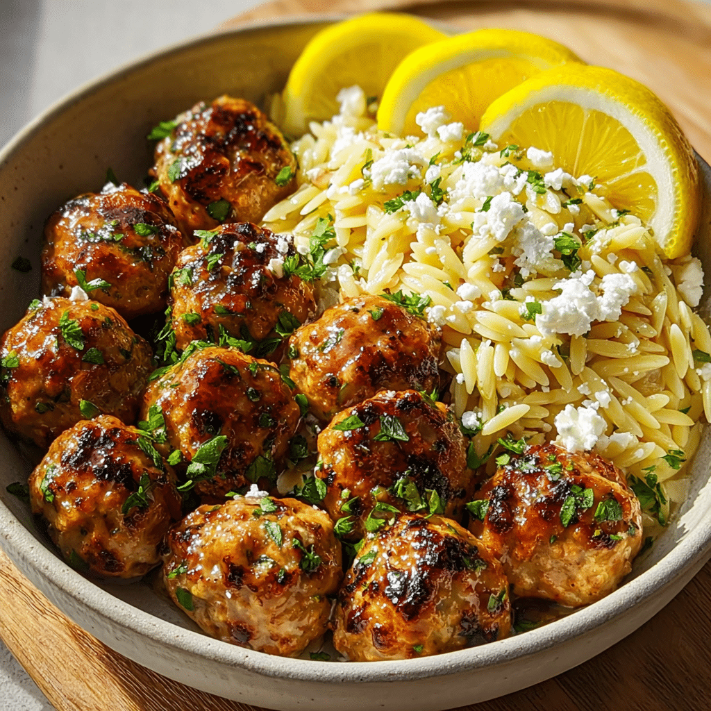 One-Pan Greek Chicken Meatballs and Lemon Orzo Recipe - Recipe Image
