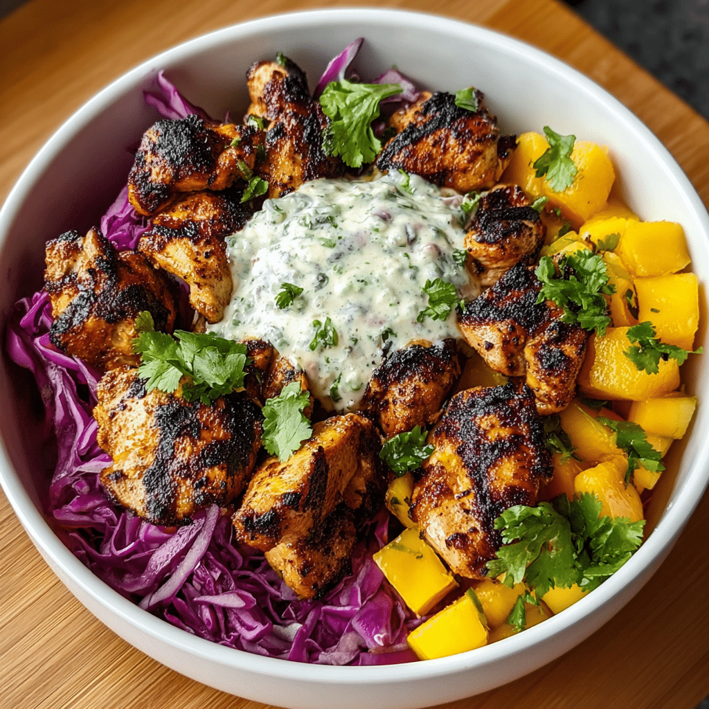 jerk chicken & mango slaw bowls with honey lime cream Recipe - Recipe Image