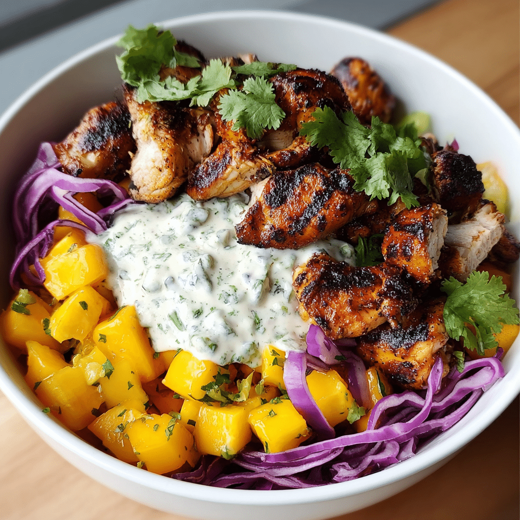 jerk chicken & mango slaw bowls with honey lime cream Recipe - Recipe Image