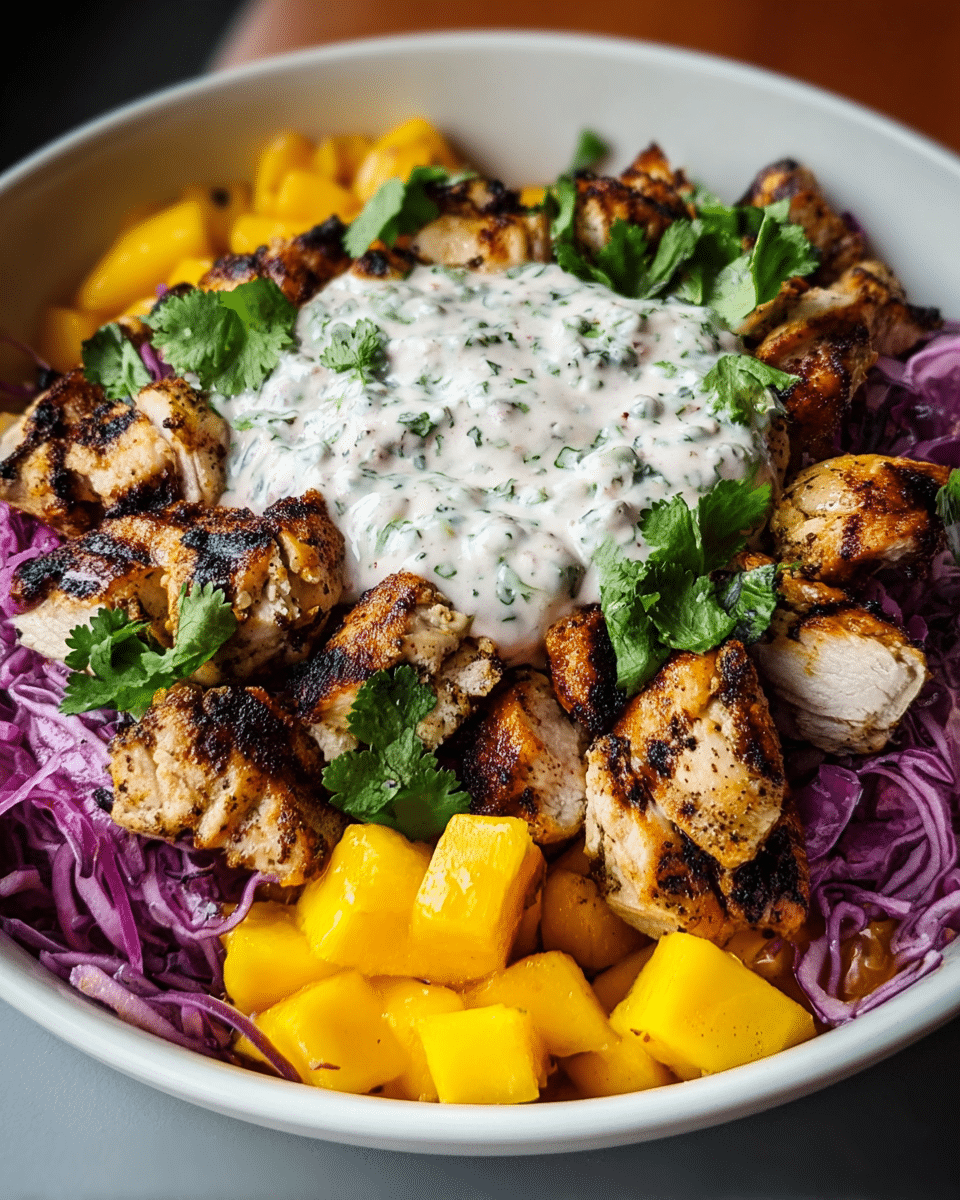 jerk chicken & mango slaw bowls with honey lime cream Recipe
