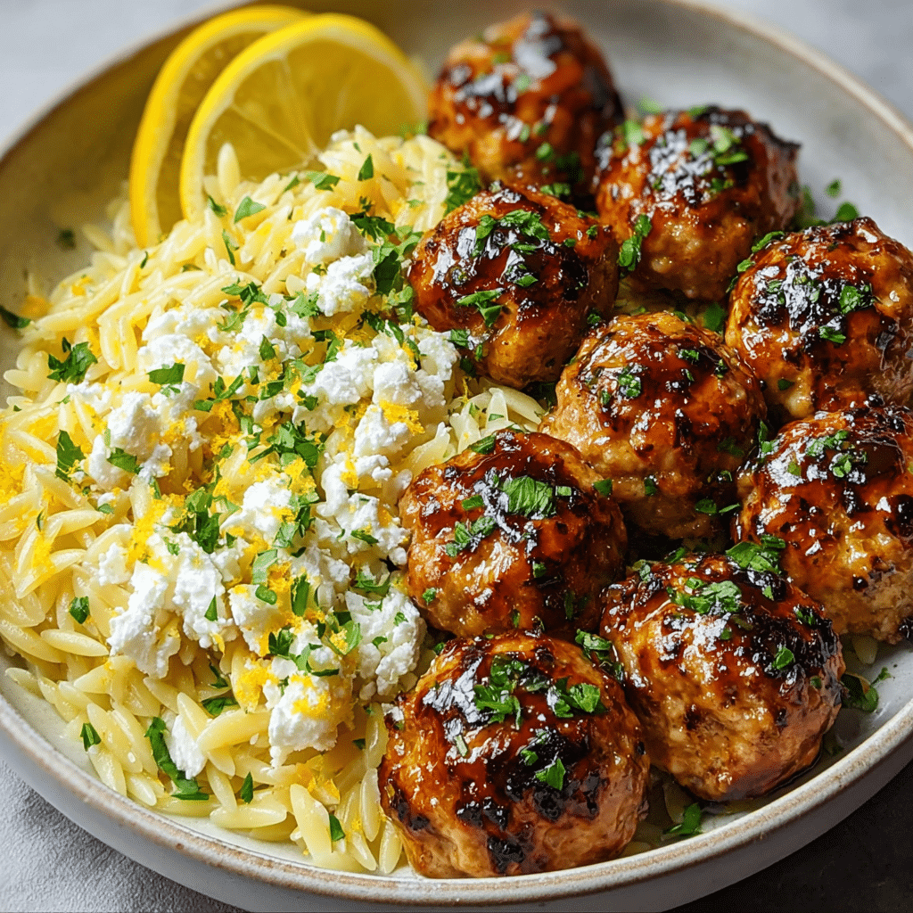 One-Pan Greek Chicken Meatballs and Lemon Orzo Recipe - Recipe Image