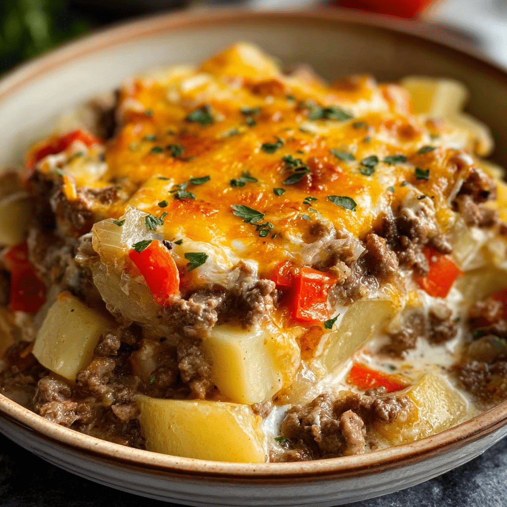 Crockpot Cheesesteak Potato Casserole Recipe - Recipe Image