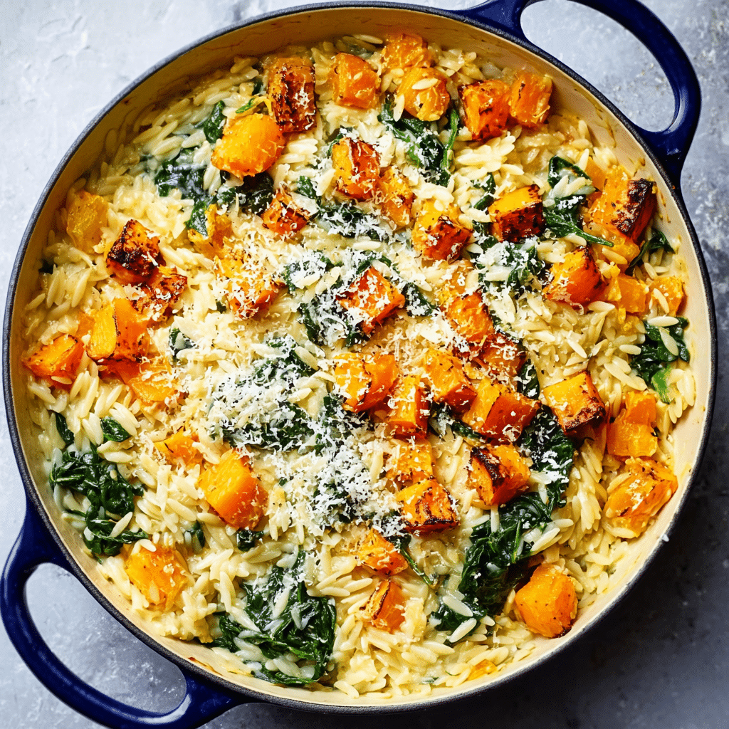 Creamy Orzo with Roasted Butternut Squash and Spinach Recipe - Recipe Image