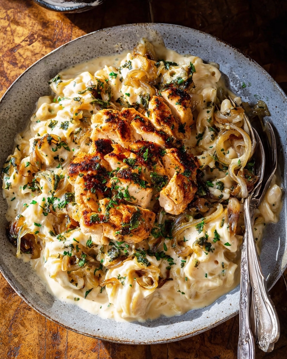 Crockpot Creamy French Onion Chicken and Orzo Recipe - Recipe Image