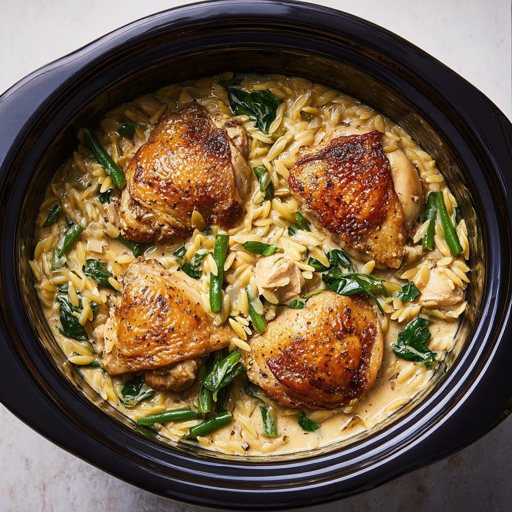 Crockpot Creamy French Onion Chicken and Orzo Recipe - Recipe Image